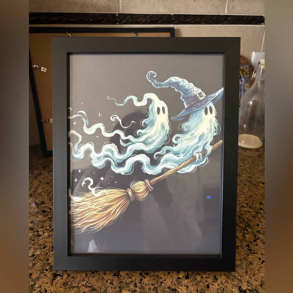 Spooky Ghost Duo on Broomstick Framed Art Print 8x10